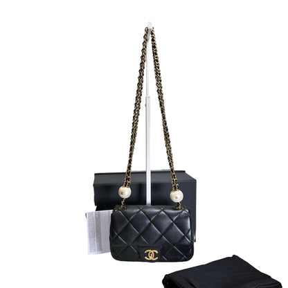 Used CHANEL Lambskin Quilted Mini Flap Bag Pearl Crush Mini Flag Bag with Gold Ball Black Gold
