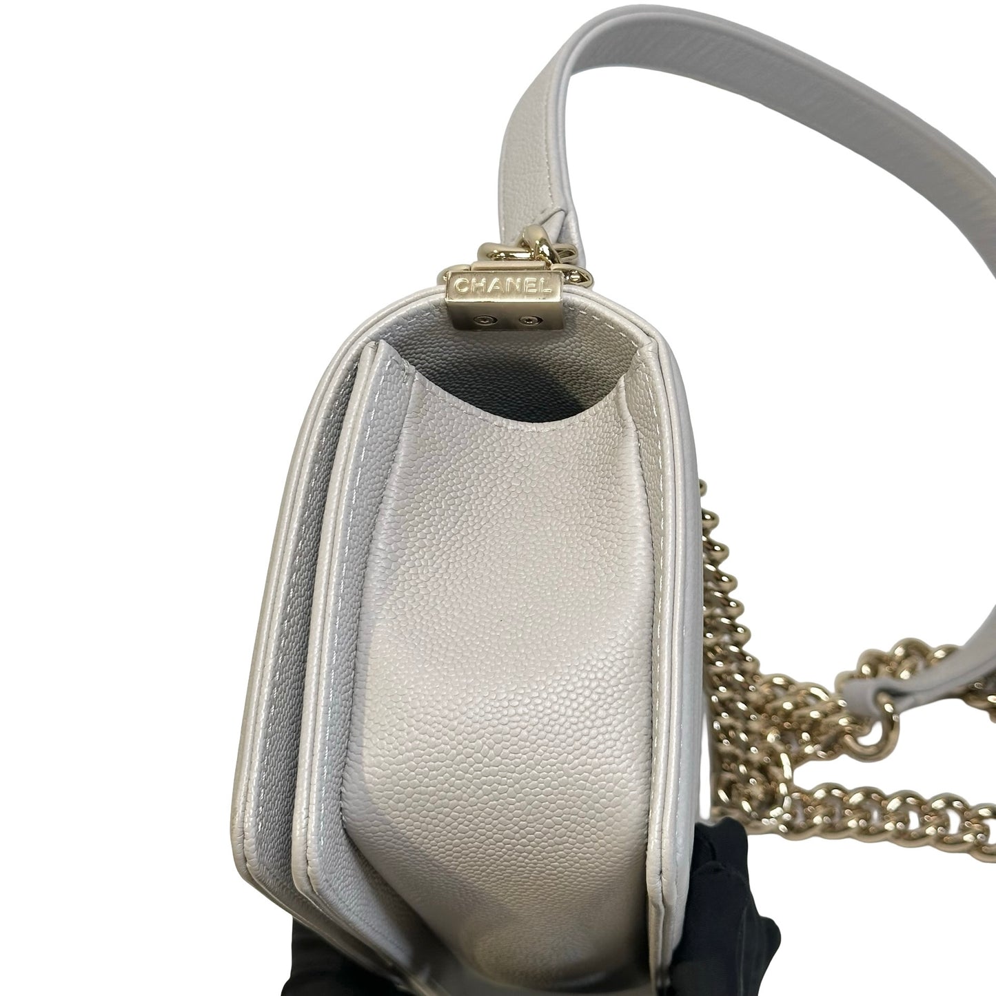 Used CHANEL Quilted Caviar Boy 20 Shoulder Bag Light Grey GHW
