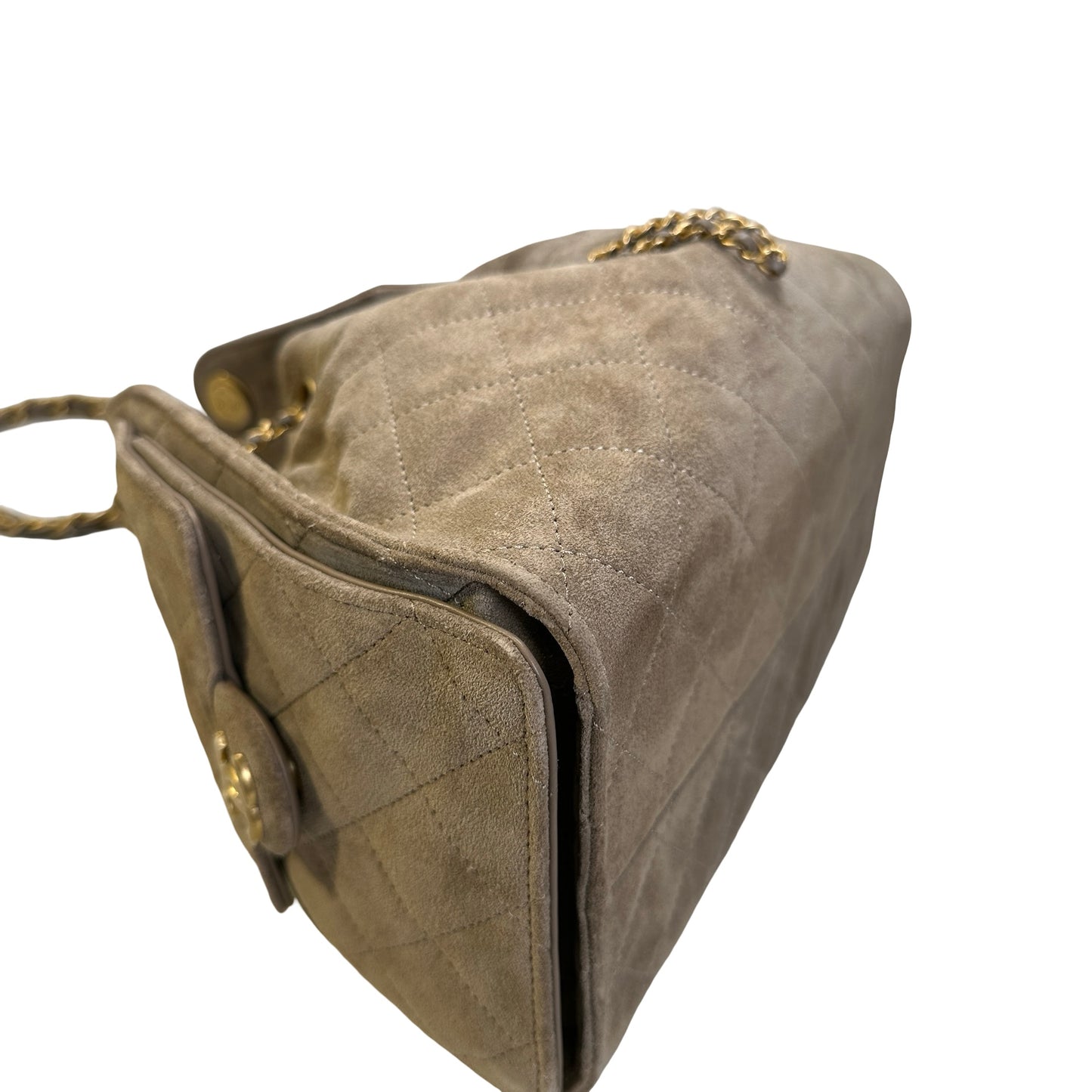 Used CHANEL Suede Quilted Suede Quilted Handbag Handbag Khaki Gold