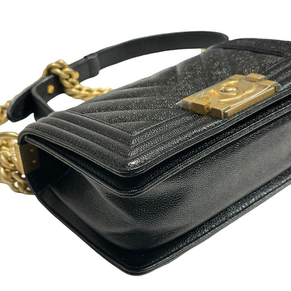 Used CHANEL Calfskin Leather Boy 20 V line Cross Body Bag Black GHW