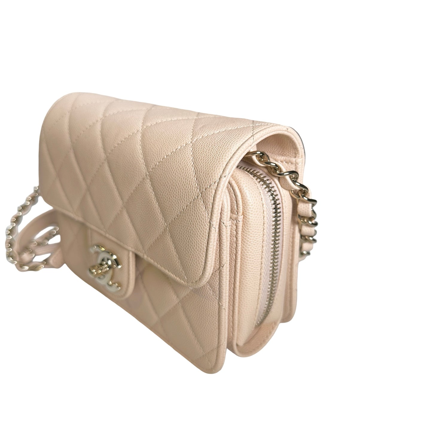 Used CHANEL Quilted Caviar Flap Bag Chain Shoulder Bag Beige