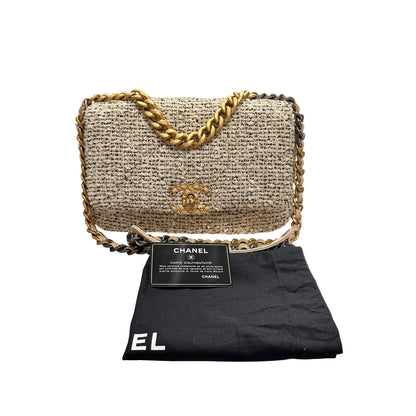 Used CHANEL Tweed 19 Small Cross Body Bag GHW Beige White
