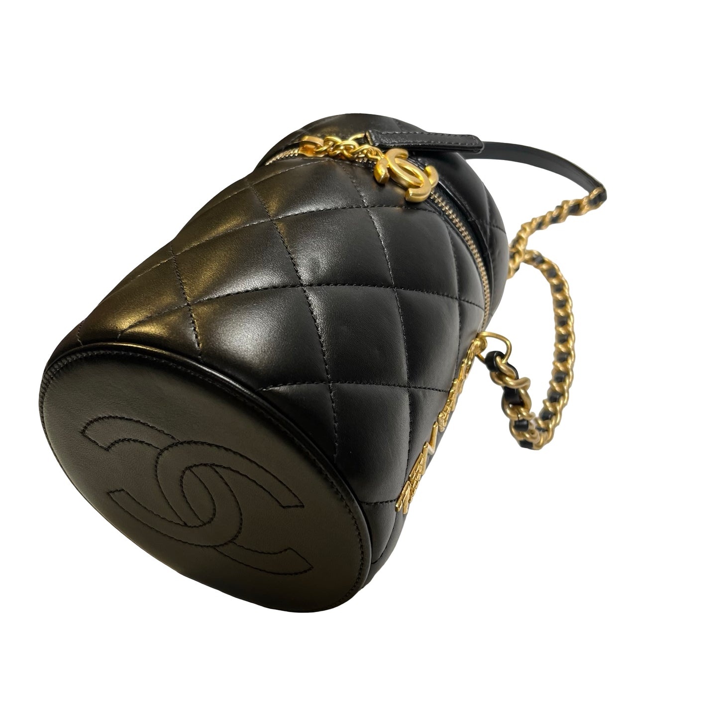 Used CHANEL Diamond Quilted Lambskin Cylindrical Vanity Case with Chain Vanity case Black GHW