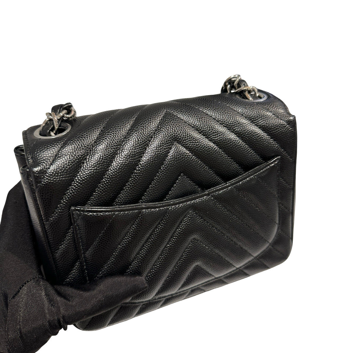 Used CHANEL Caviar Leather Mini Rectangular Flap Chain Shoulder Bag Black PHW