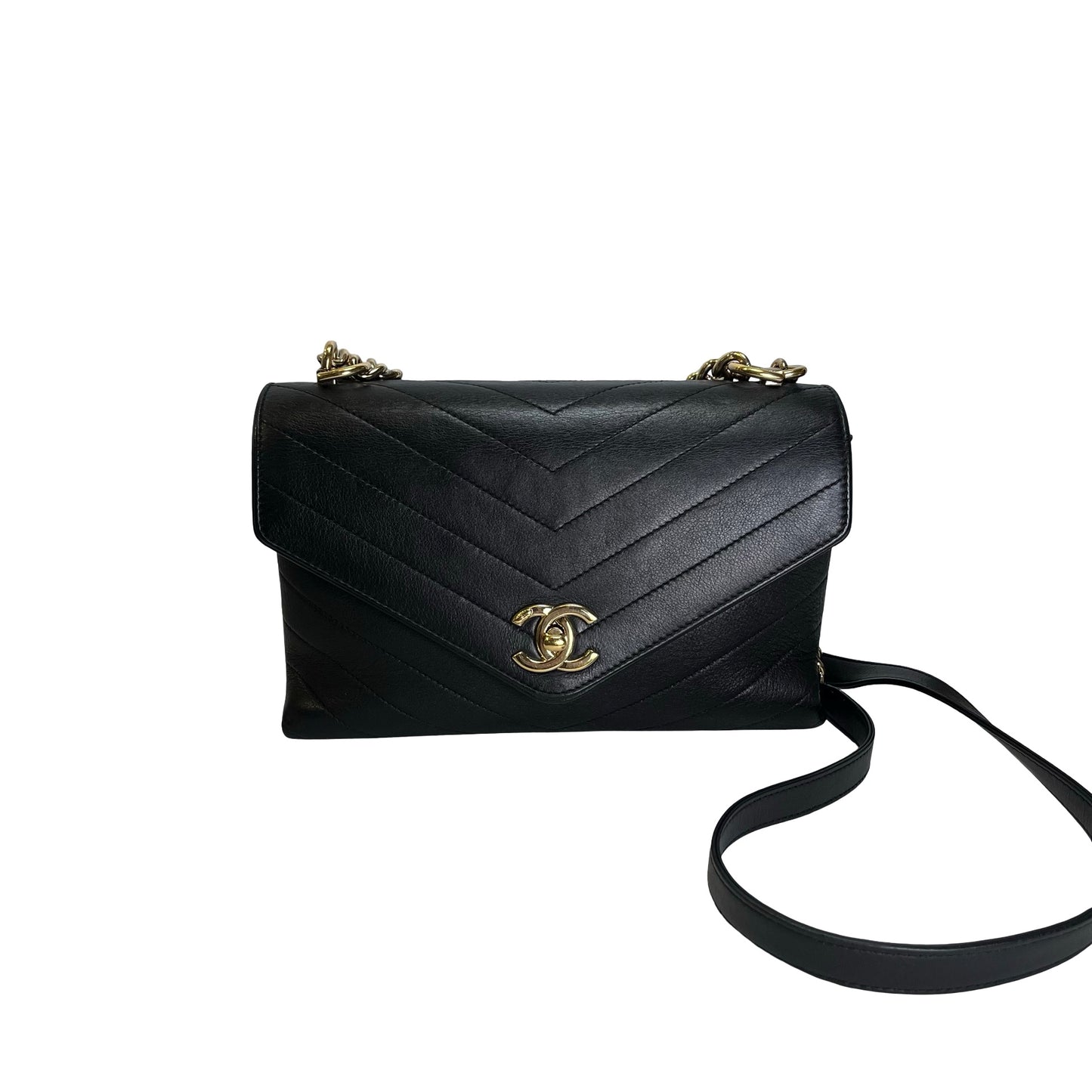 Used CHANEL Calf skin Chevron Top Handle Bag Shoulder Bag Black GHW