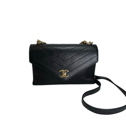Used CHANEL Calf skin Chevron Top Handle Bag Shoulder Bag Black GHW