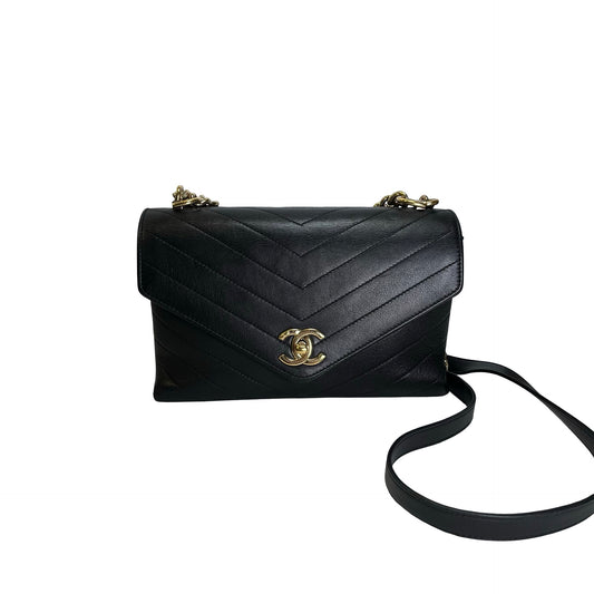 Used CHANEL Calf skin Chevron Top Handle Bag Shoulder Bag Black GHW