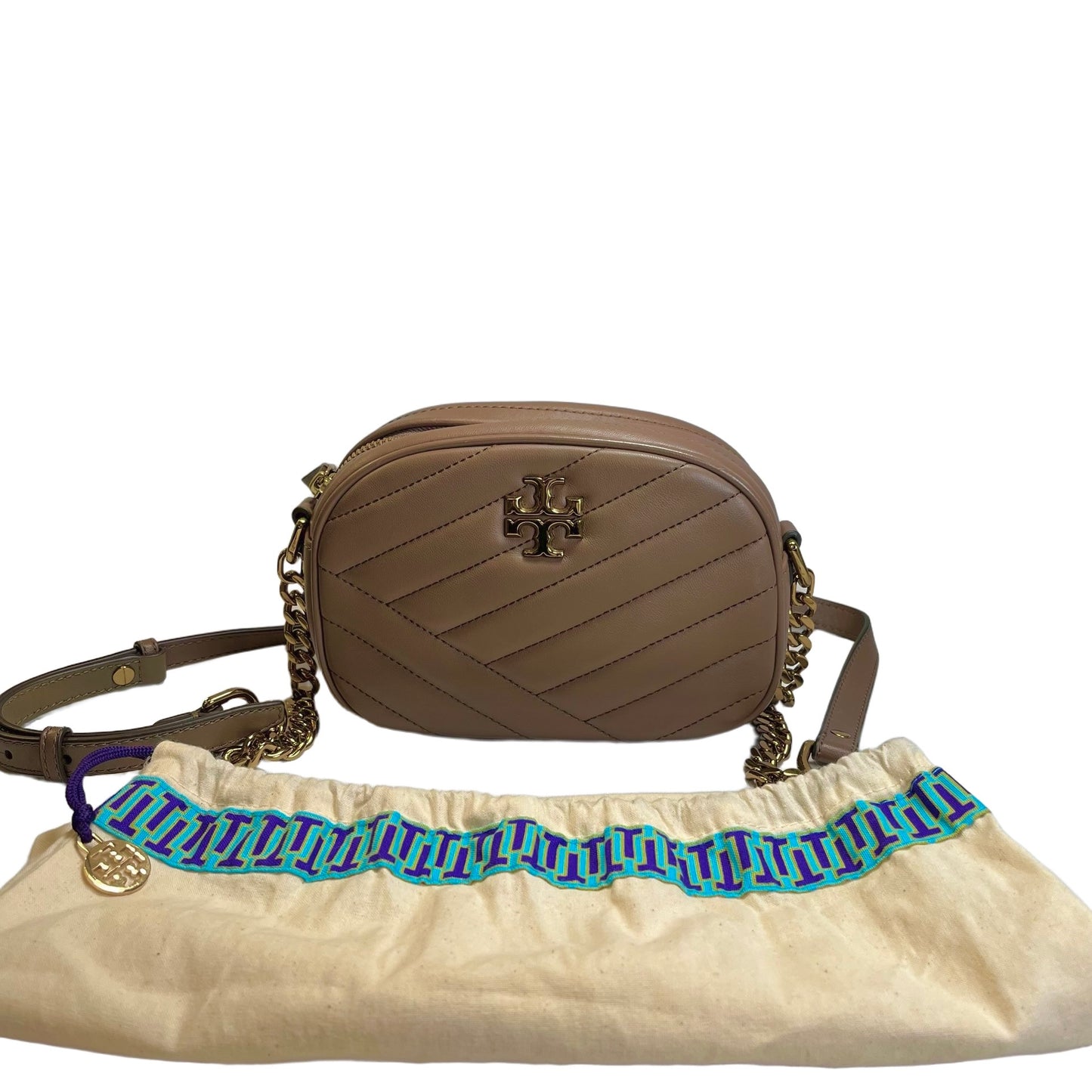 Used TORY BURCH Chevron Leather Kira Chevron Cross body bag Taupe Gold