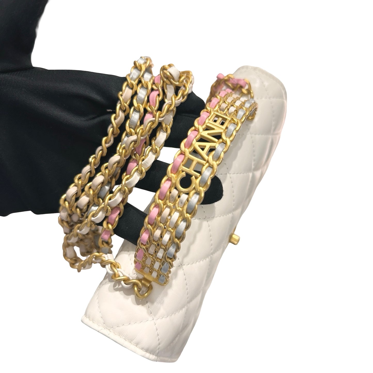 Used CHANEL Lambskin Leather 23P RAINBOW TOP HANDLE WOC Cross Body Bag White GHW