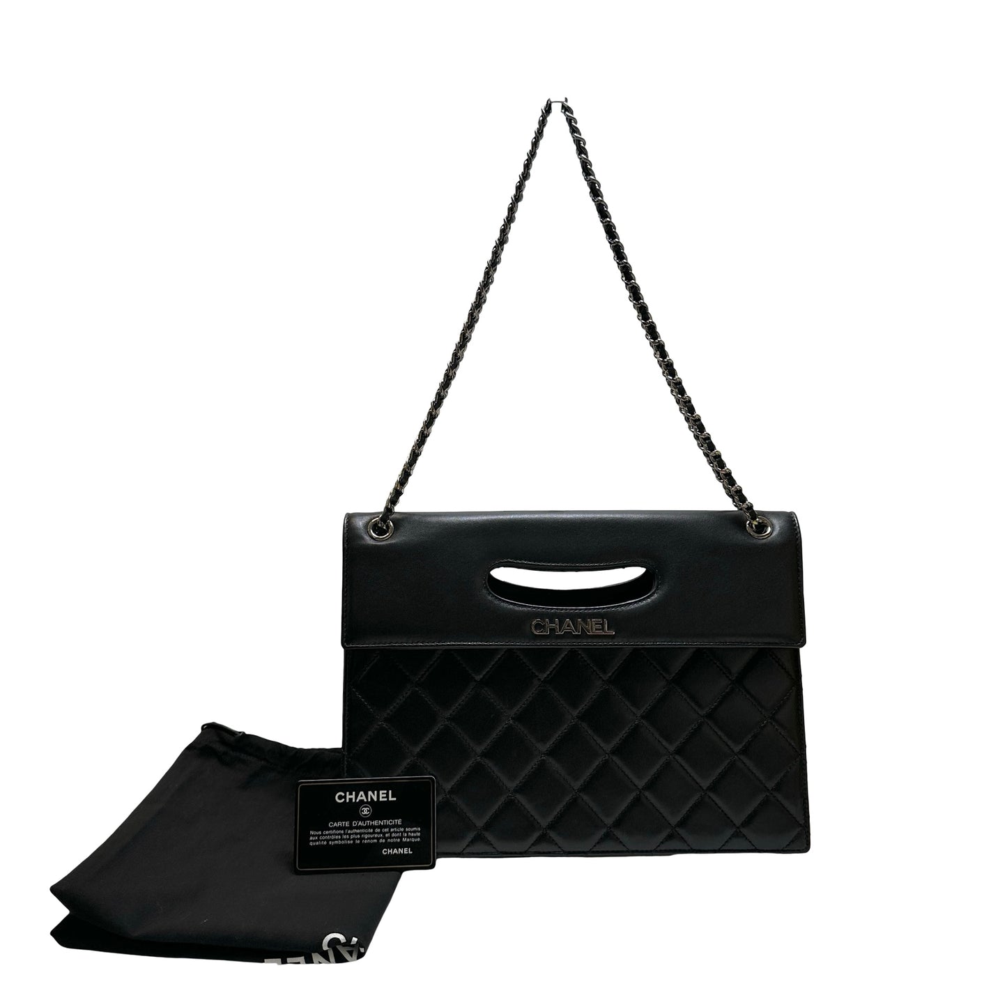 Used CHANEL Quilted Leather Quilted Top Handle Flap Bag Handbag Black Silver
