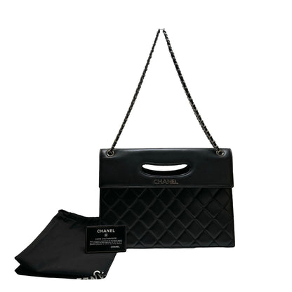 Used CHANEL Quilted Leather Quilted Top Handle Flap Bag Handbag Black Silver