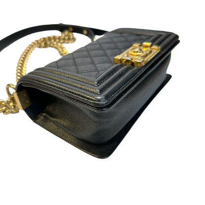 Used CHANEL Caviar Leather Quilted Boy 20 Shoulder Bag Black Gold