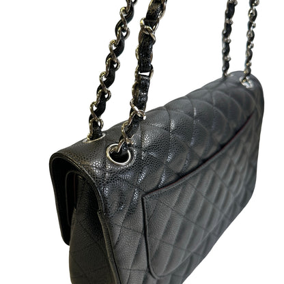 Used CHANEL Quilted Caviar leather Jumbo Single Flap Bag Shoulder Bag Black Silver hardware