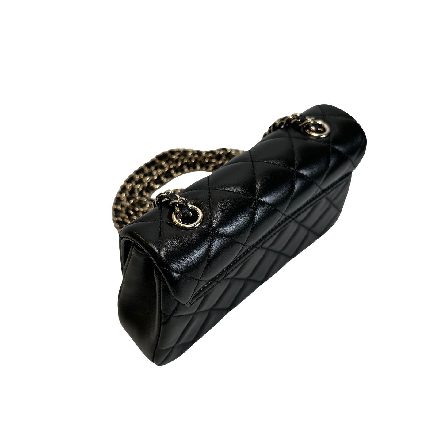 Used CHANEL Quilted Lambskin Mini Rectangular Flap Bag Chain Shoulder Bag Black Gold