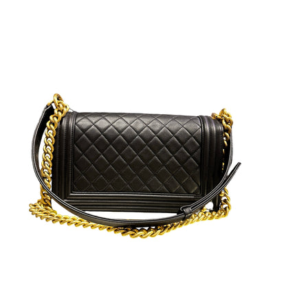 Used Chanel Calfskin Leather Boy 25cm Shoulder Bag Black GHW