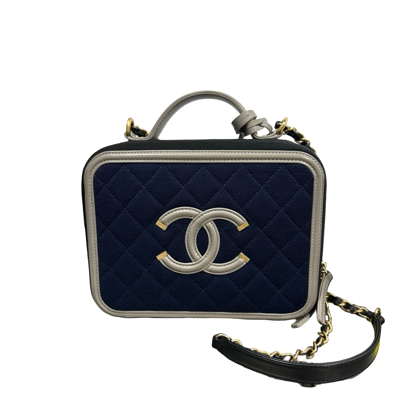 Used Chanel Canvas Calfskin Leather Vanity Case Vanity case Black Gray GHW