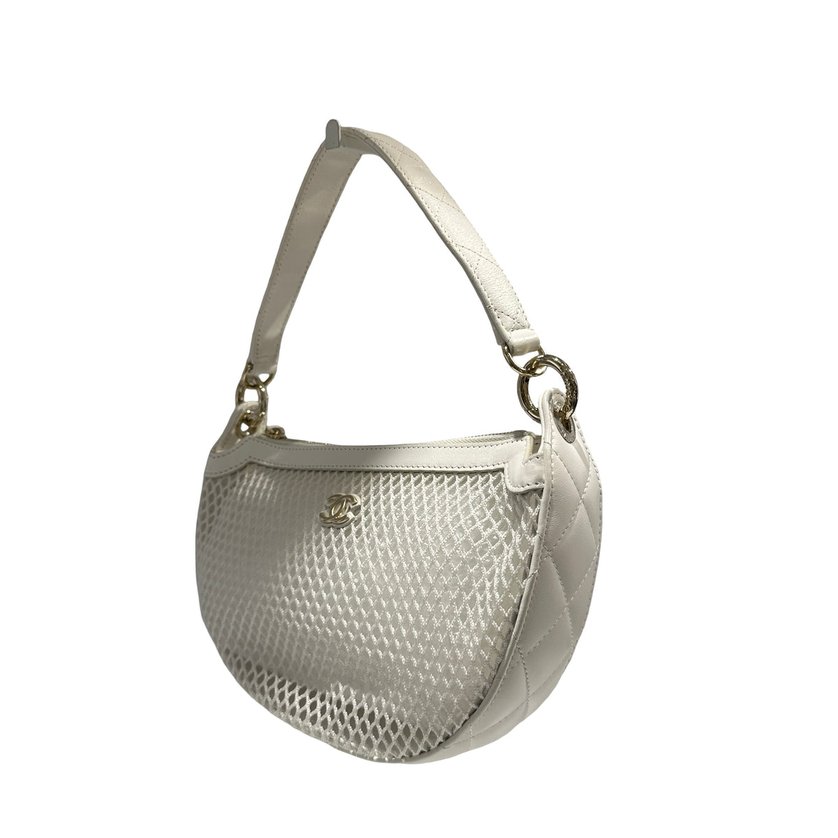 Used CHANEL Mesh Leather 25S Half Moon Clutch Hobo Bag White GHW
