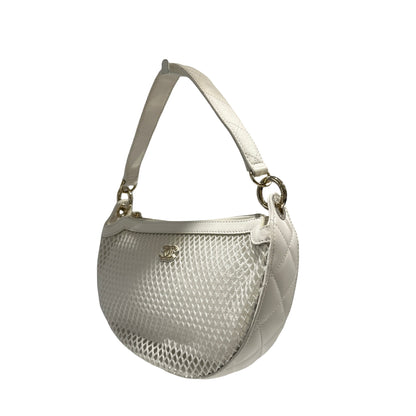 Used CHANEL Mesh Leather 25S Half Moon Clutch Hobo Bag White GHW