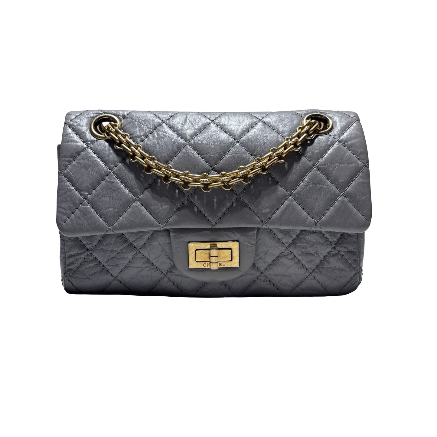 Used CHANEL Calfskin Leather Mini 2.55 Chain Shoulder Bag Grey GHW