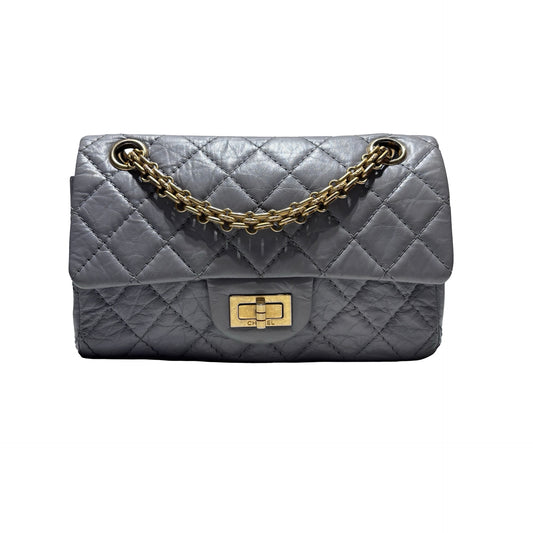 Used CHANEL Calfskin Leather Mini 2.55 Chain Shoulder Bag Grey GHW