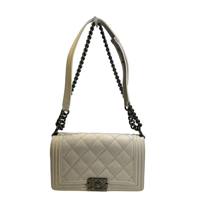 Used CHANEL Quilted Calfskin Boy Chain Shoulder Bag White