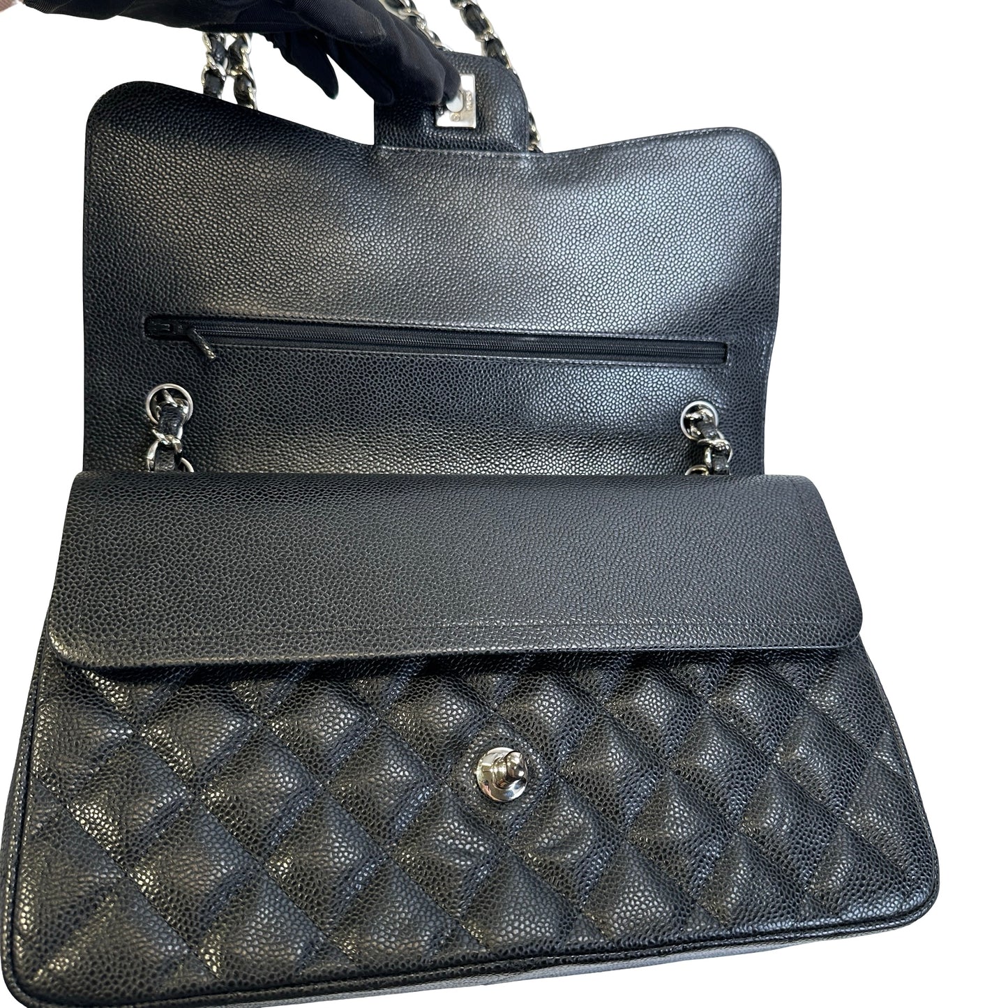 Used CHANEL Quilted Caviar leather Jumbo Single Flap Bag Shoulder Bag Black Silver hardware