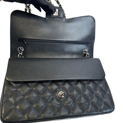 Used CHANEL Quilted Caviar leather Jumbo Single Flap Bag Shoulder Bag Black Silver hardware