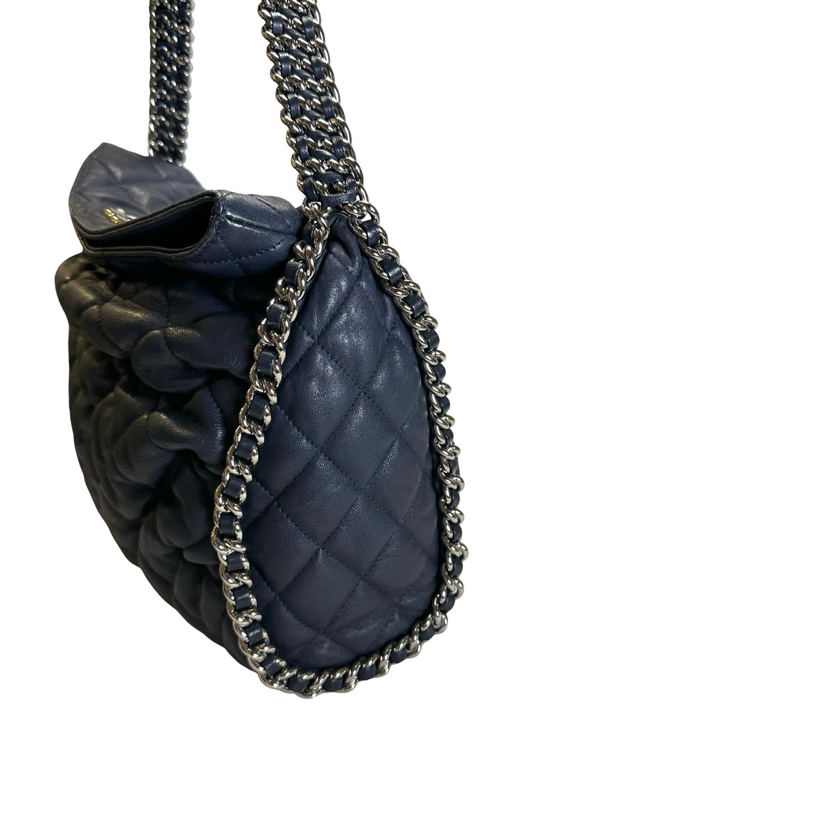 Used CHANEL Quilted Leather Quilted Shoulder Bag Chain Shoulder Bag Navy Blue Silver Hardware