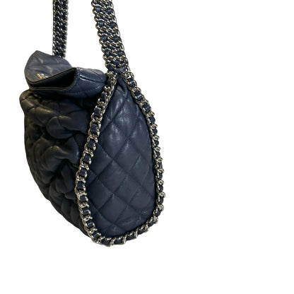 Used CHANEL Quilted Leather Quilted Shoulder Bag Chain Shoulder Bag Navy Blue Silver Hardware