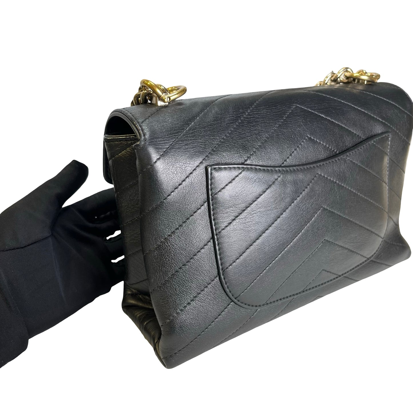 Used CHANEL Calf skin Chevron Top Handle Bag Shoulder Bag Black GHW