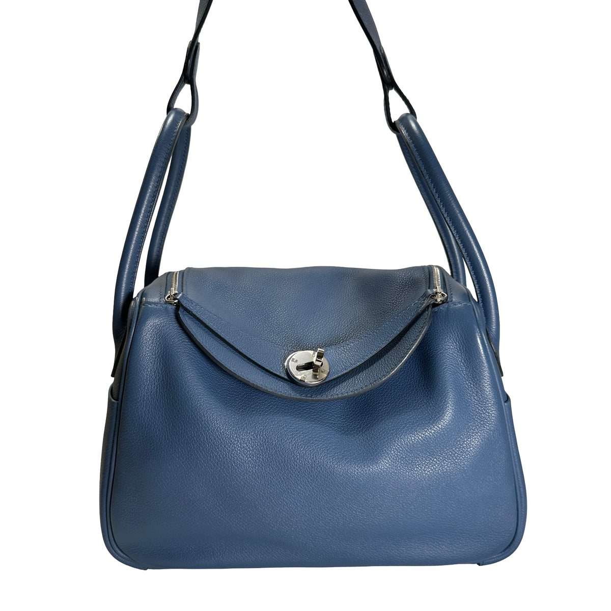 Used HERMES Leather Lindy 26 Handbag Blue PHW