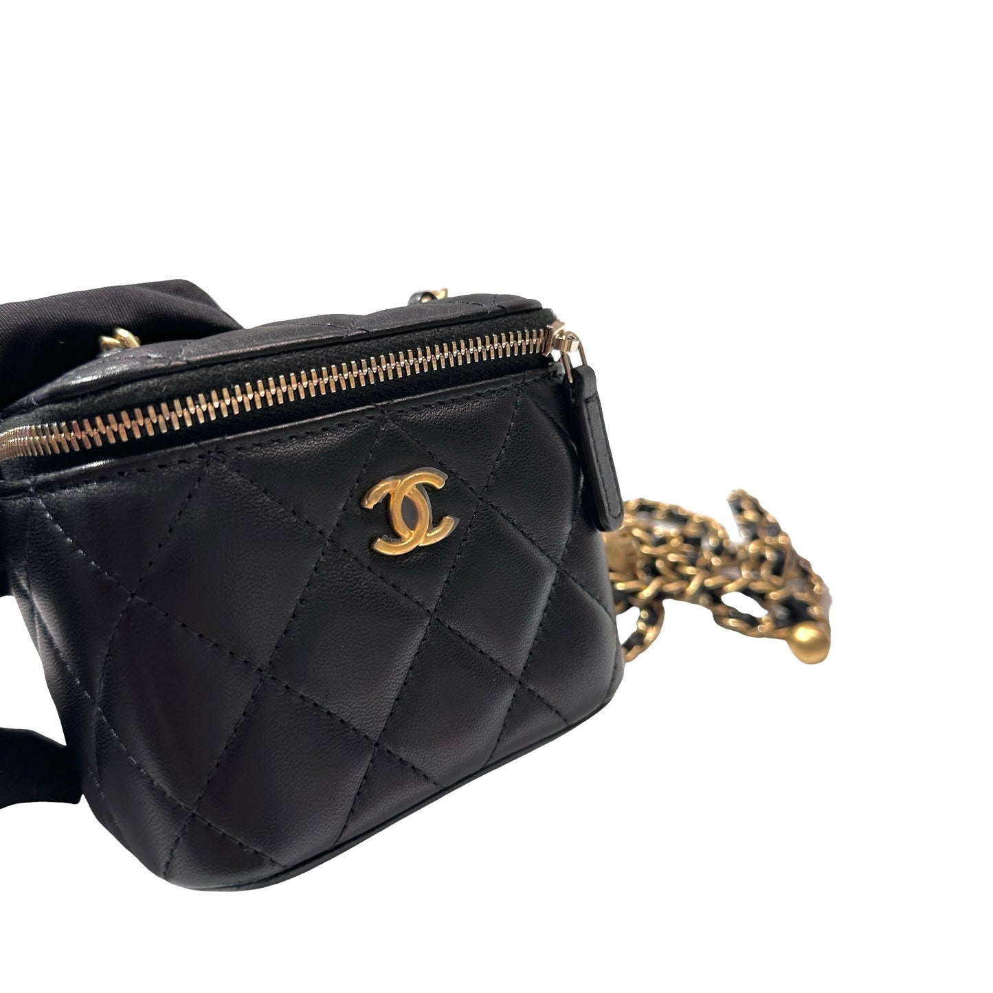 Used CHANEL Lambskin Leather Vanity Case with Gold Ball Cross Body Bag Black GHW