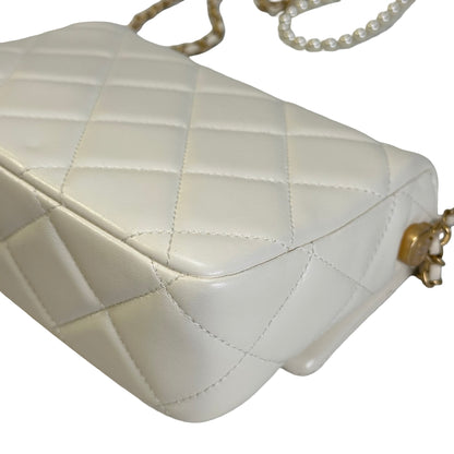 Used CHANEL Lambskin Mini Flap Bag With pearl Mini Bag White