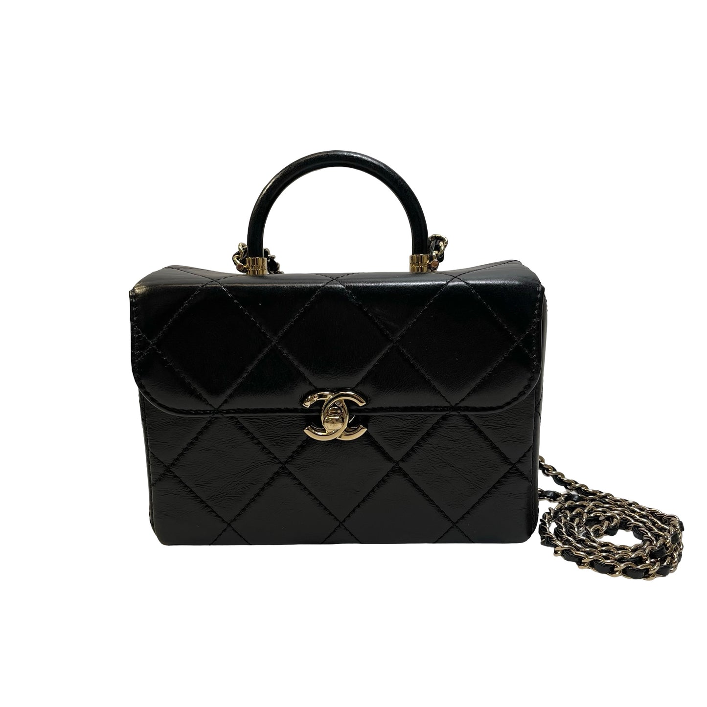 Used CHANEL Quilted Lambskin Mini flap bag with top handle Mini Bag Black Gold tone hardware