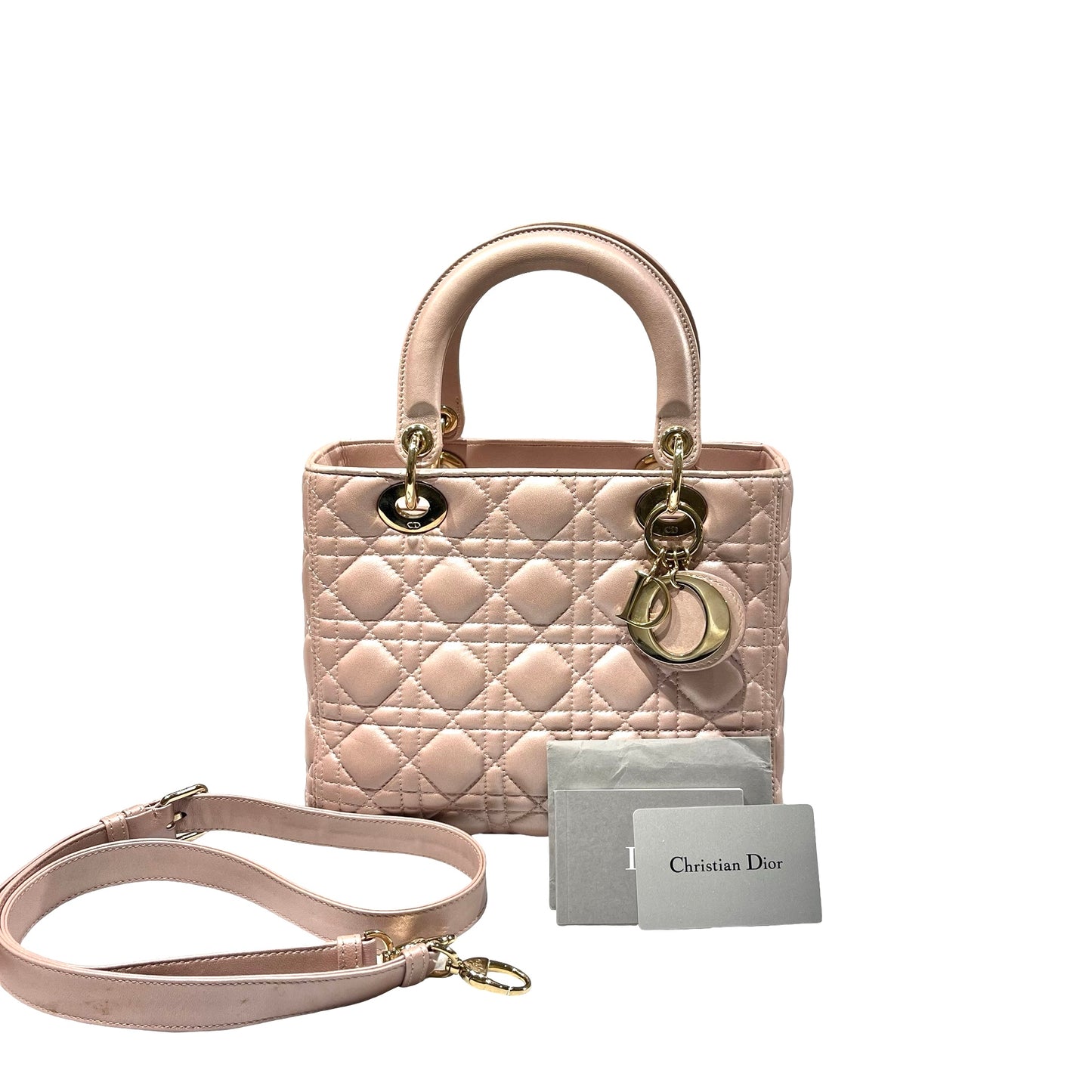 Used DIOR Lambskin Leather Lady Dior Medium Shoulder Bag Pink