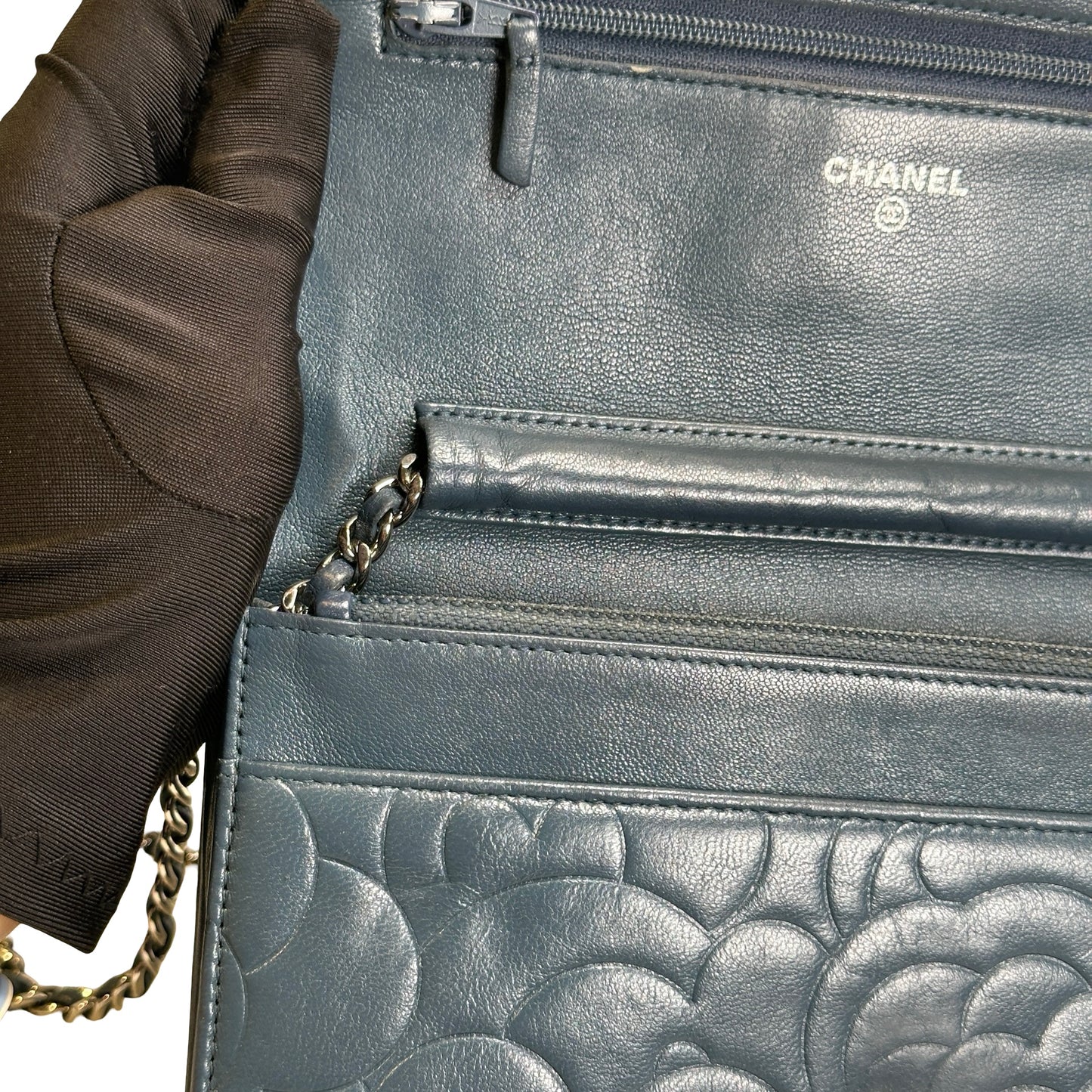Used CHANEL Camellia Leather Wallet on chain Wallet on chain Navy