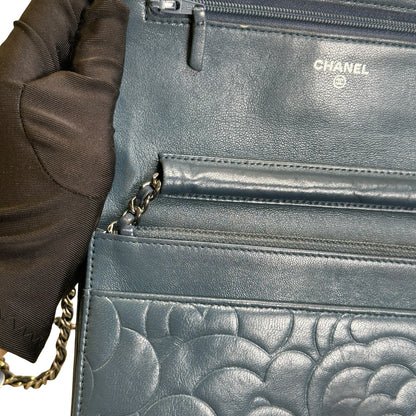 Used CHANEL Camellia Leather Wallet on chain Wallet on chain Navy