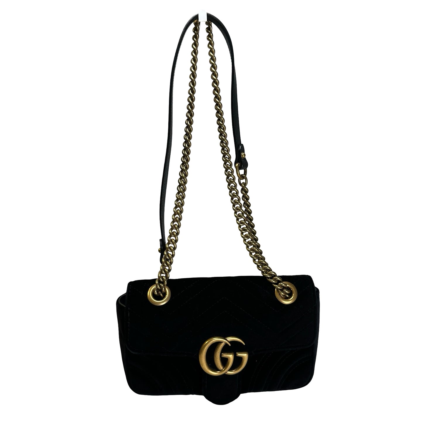 Used GUCCI Chevron Velvet GG Marmont Shoulder Bag Black