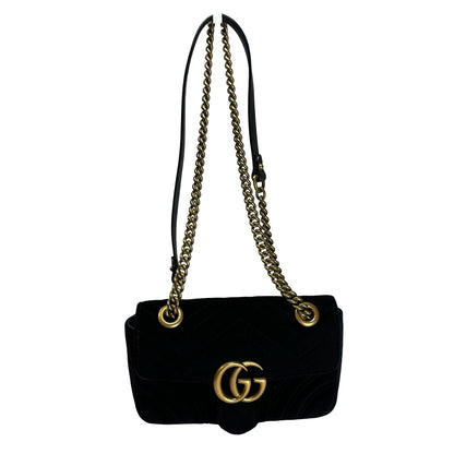 Used GUCCI Chevron Velvet GG Marmont Shoulder Bag Black