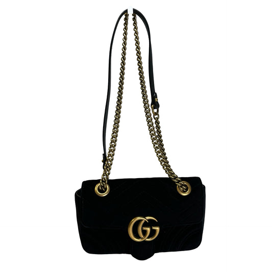Used GUCCI Chevron Velvet GG Marmont Shoulder Bag Black