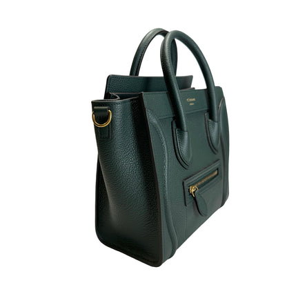 Used CELINE Drummed Calfskin Luggage Nano Handbag Dark Green