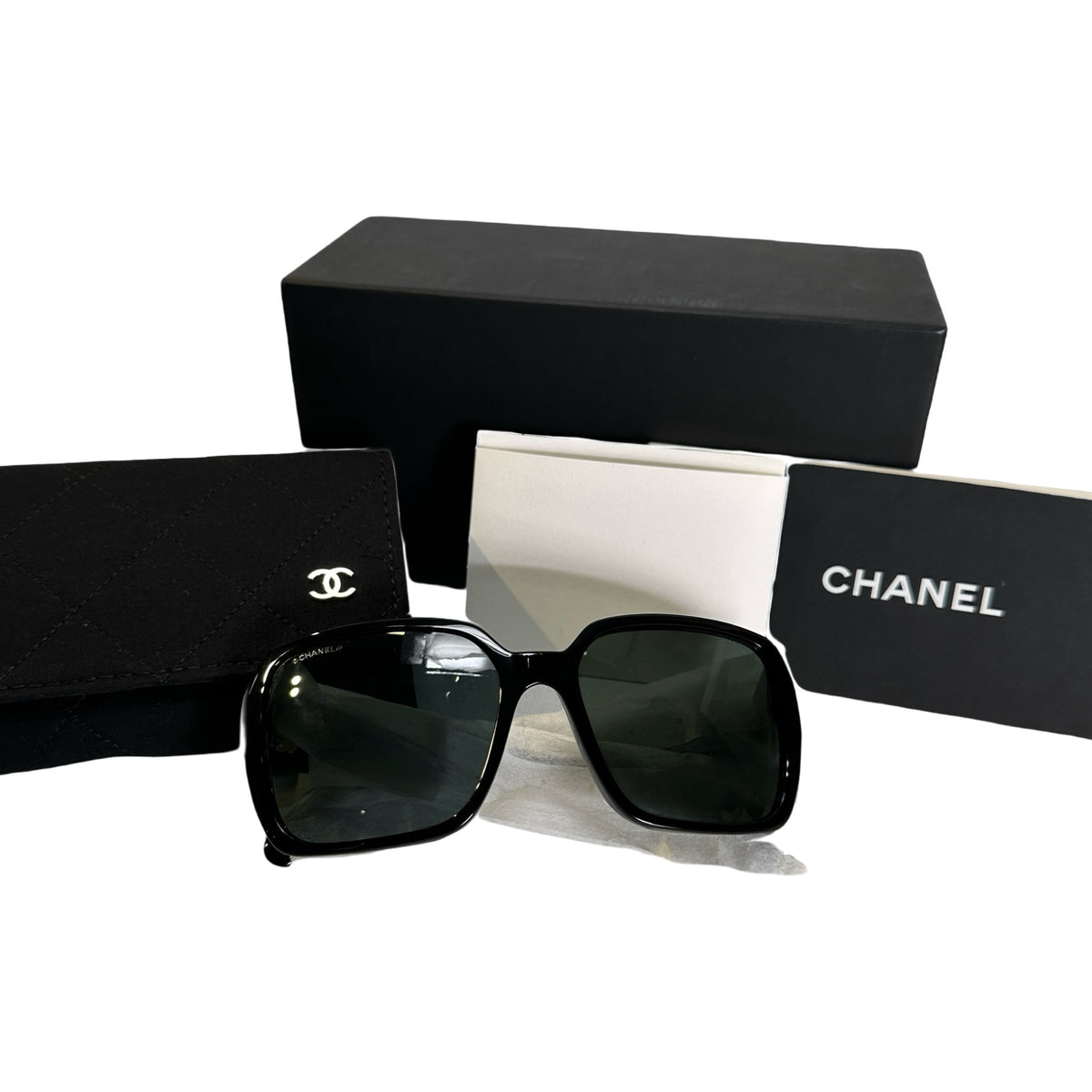 Used CHANEL Solid Square Sunglasses SUNGLASSESS Black Silver