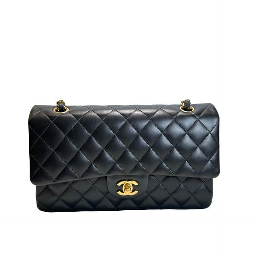 Used CHANEL Quilted Lambskin Classic Flap Chain Shoulder Bag Black Gold