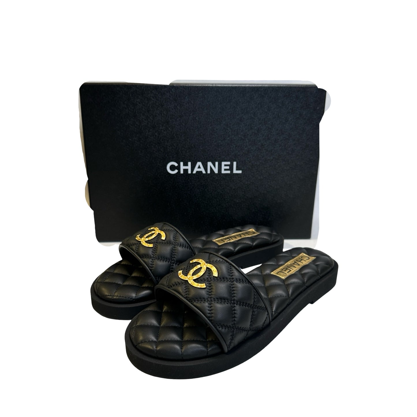 Brand New CHANEL Quilted Leather Slippers Shoes Black Gold