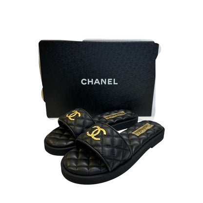 Brand New CHANEL Quilted Leather Slippers Shoes Black Gold