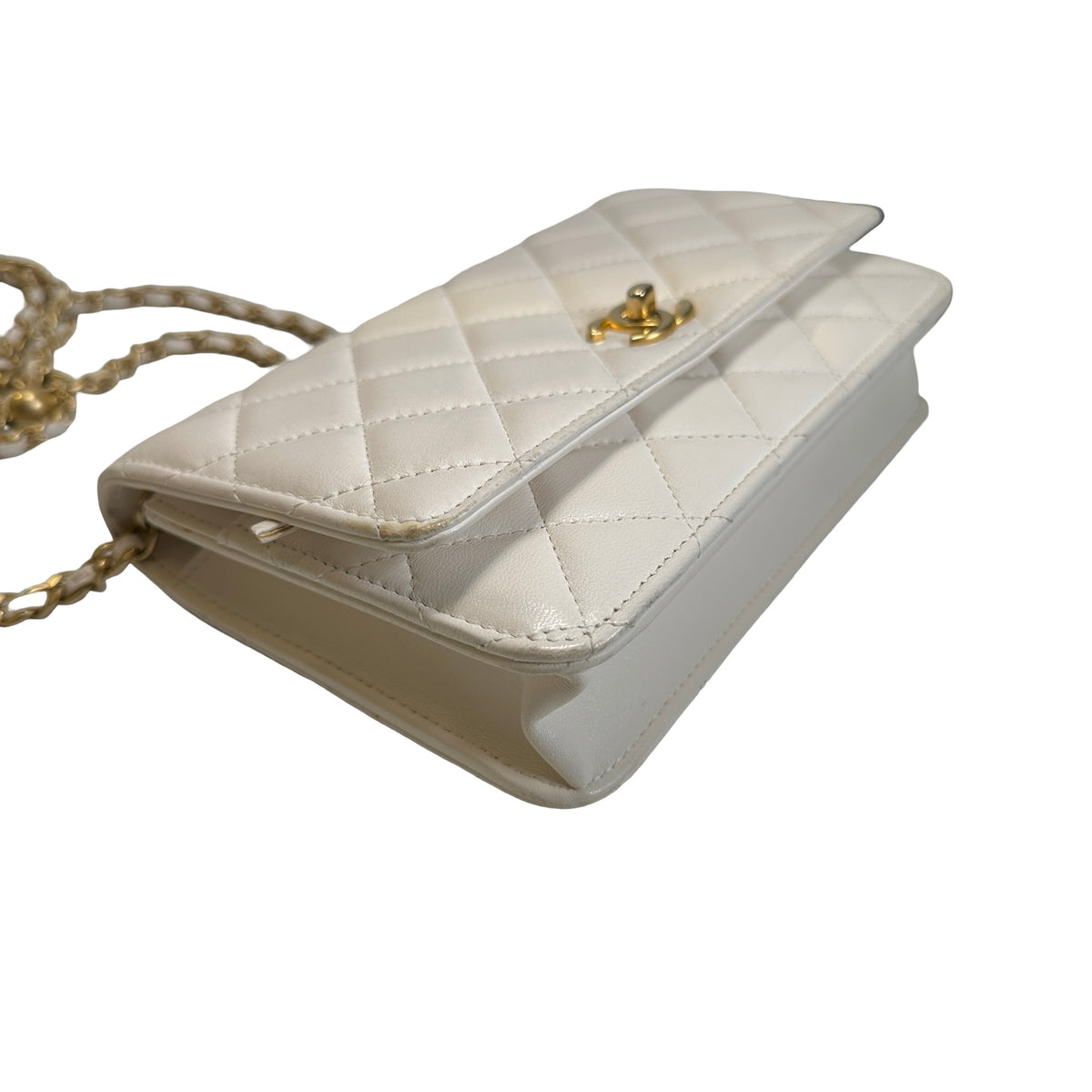 Used CHANEL Quilted Lambskin Wallet on chain Wallet on chain White Gold