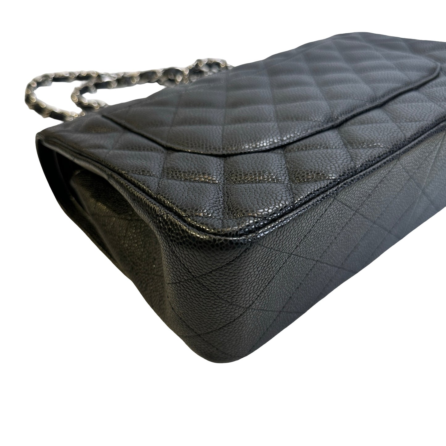 Used CHANEL Quilted Caviar leather Jumbo Single Flap Bag Shoulder Bag Black Silver hardware