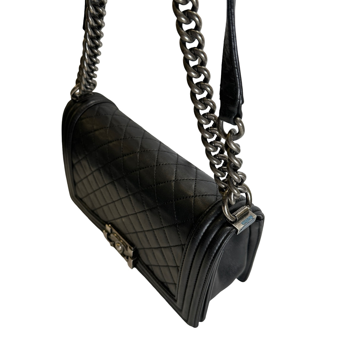 Used CHANEL Quilted Calfskin Boy Bag Shoulder Bag Black Silver