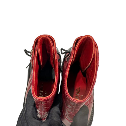 Used CHANEL Calfskin Leather Lace Up Combat Boots Shoes Red Black GHW