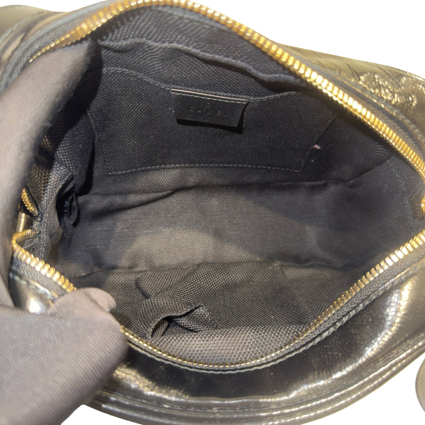 Used GUCCI Patent Leather GG Logo Soho Disco Crossbody Bag Black
